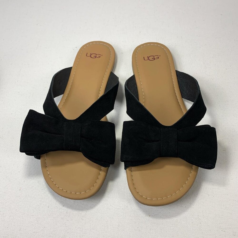 UGG Fonda Black Suede Bow Flip-Flop Sandals - Size 8/39 - Picture 3 of 8